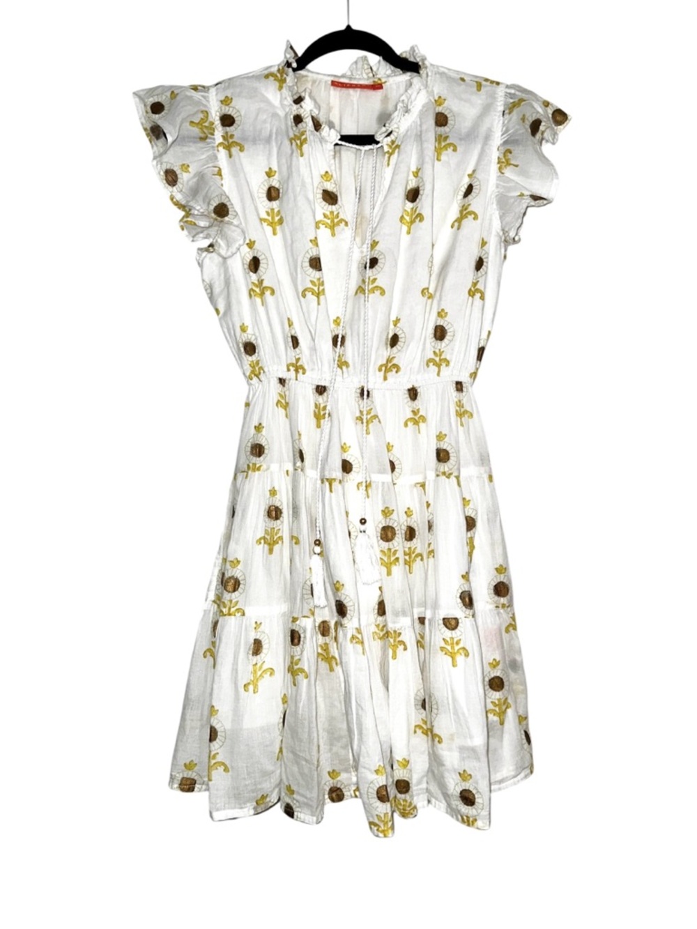 Oliphant Sunflower White Tiered Cotton Mini Dress XS